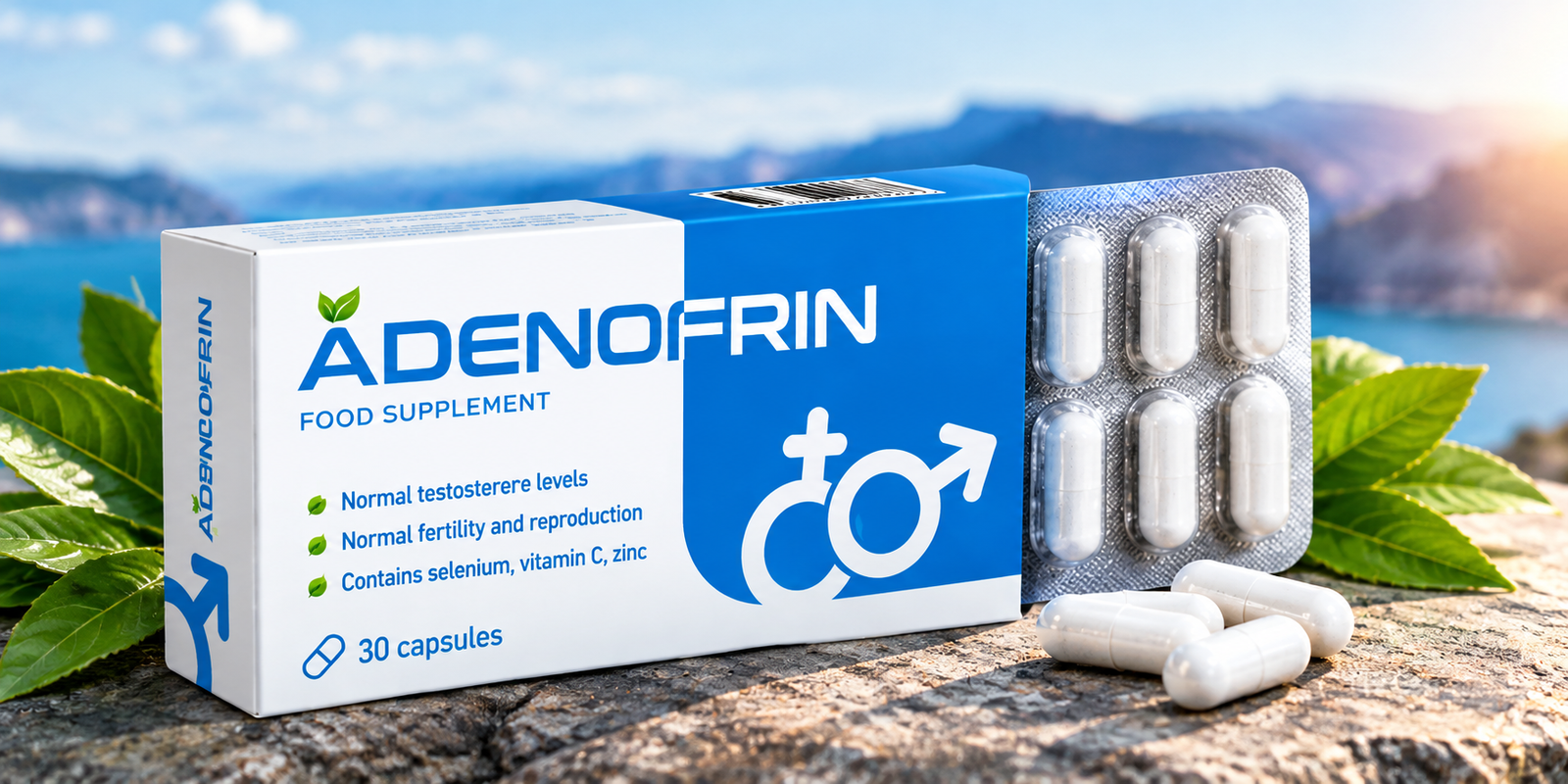 Adenofrin – Complemento alimenticio para vitalidad masculina, caja con 30 cápsulas